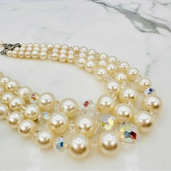 Vintage Laguna Faux Pearl Necklace Aurora Borealis Crystal Beads 3 Stran… - Picture 11 of 11